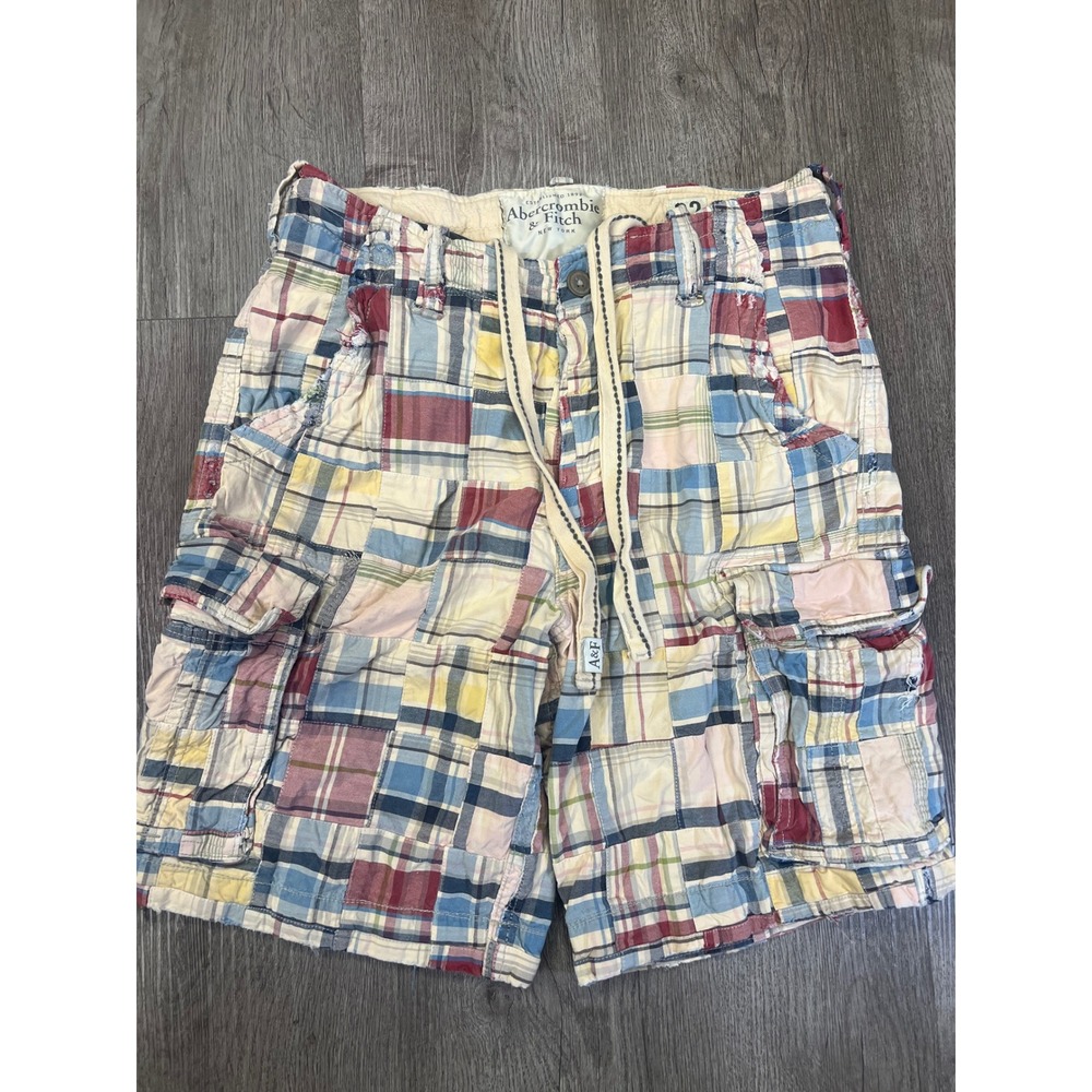 Abercrombie & Fitch Mens 32 Patchwork Madras Plaid Cargo Shorts Multicolor